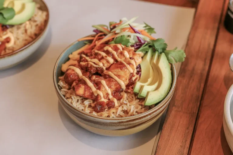 Bang Bang Chicken Bowl with Rice and Crunchy Slaw