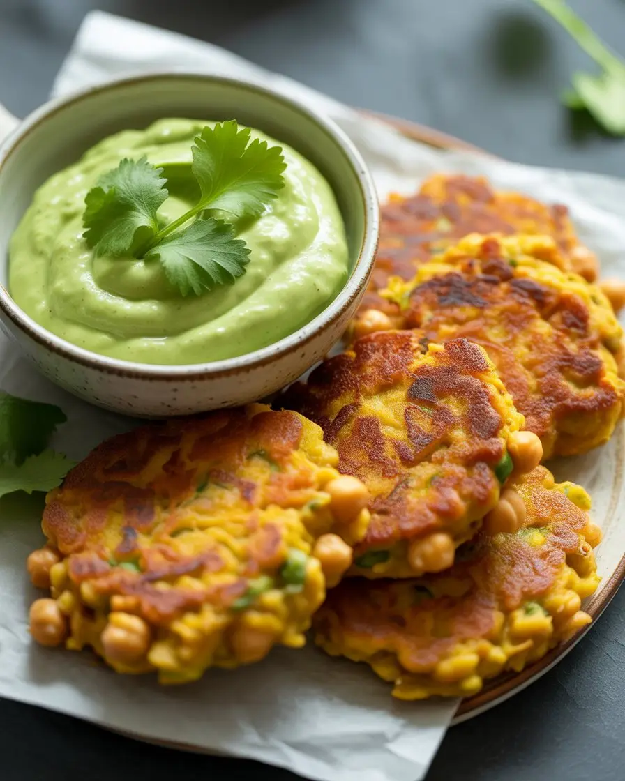 Crispy Chickpea Sweet Potato Fritters with Avocado Sauce