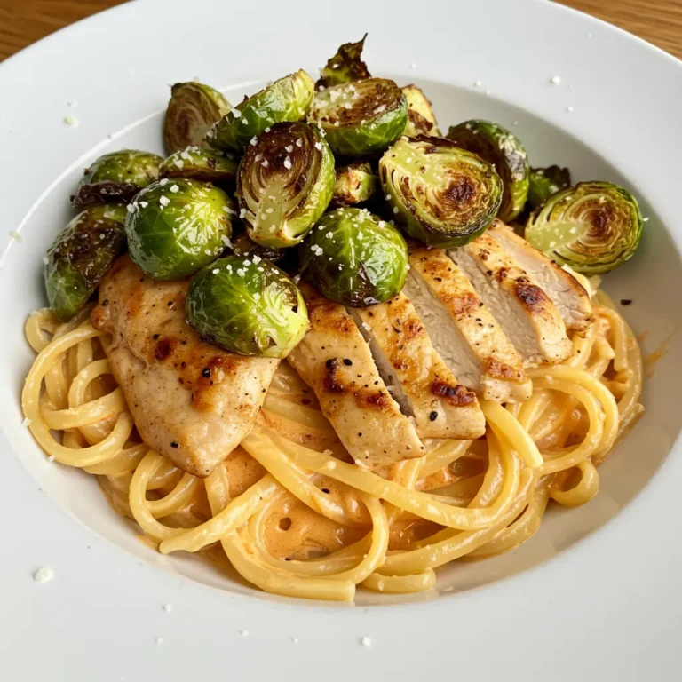 Greek Garlic Chicken Alfredo with Roasted Red Pepper Feta Cream Crispy Brussels Parmesan Wedges
